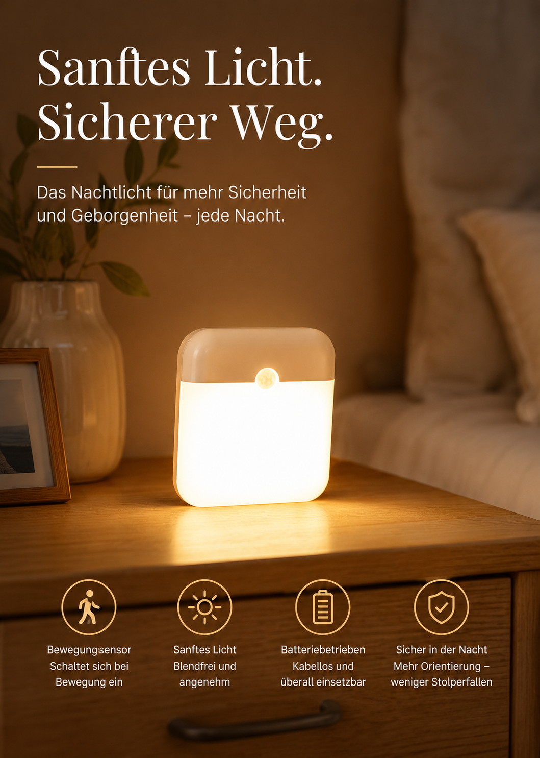 Nachtlicht mit Bewegungssensor, Wiederaufladbar, Long Life Akku